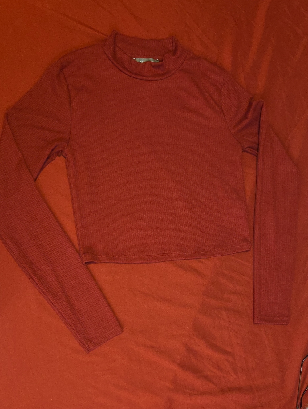 Primark Ribbed Mock Neck Long Sleeve Crop Top - Rust Red.        *